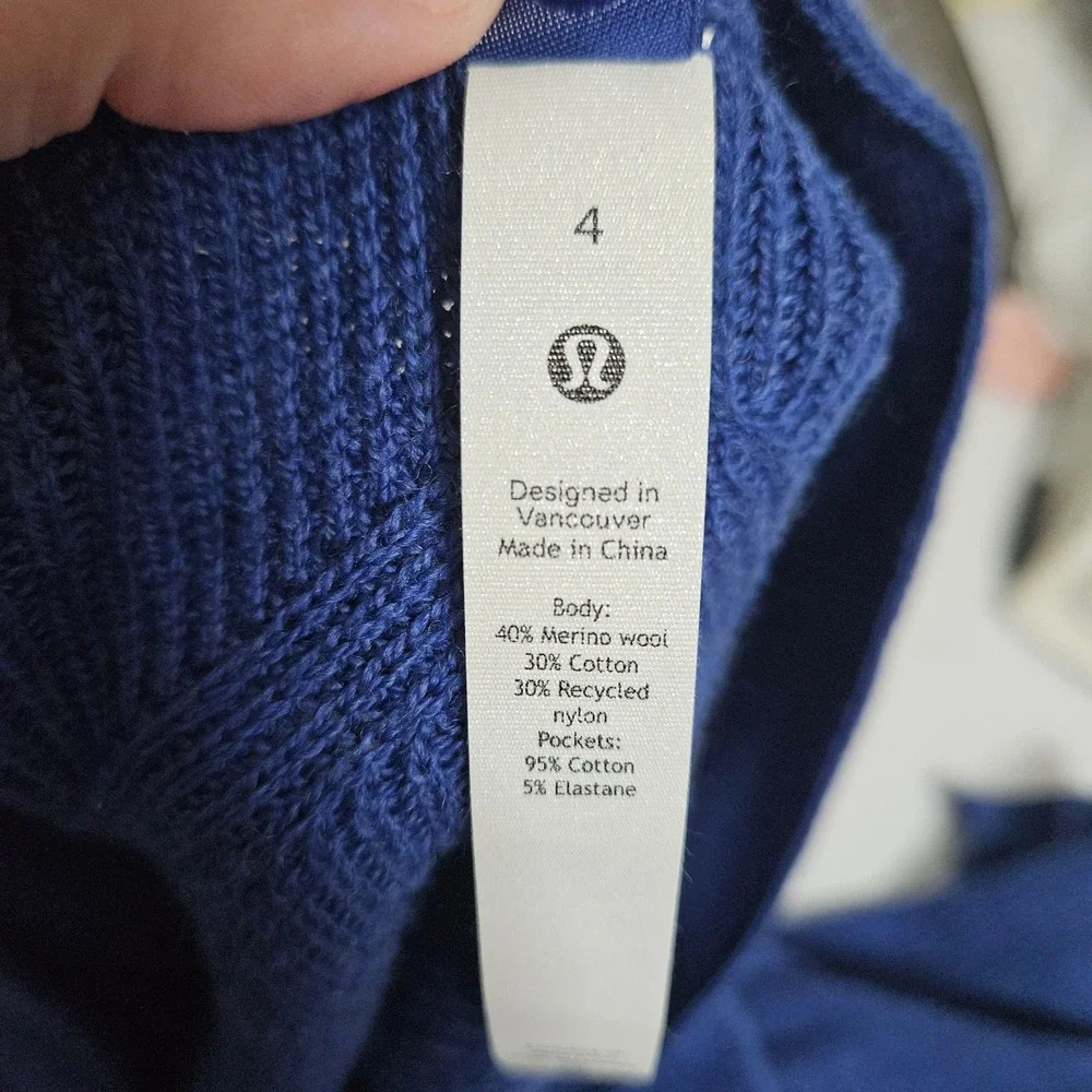 Lululemon Ribbed Long Wrap Cardigan Women 4 Blue‎ Merino Wool Blend Open Pocket